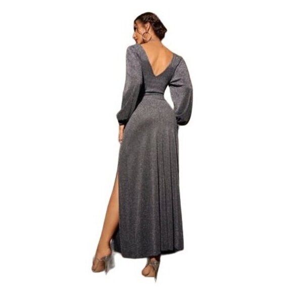 SHEIN -SILVER MODERLY SURPLICE NECK BISHOP SLEEVE SPLIT GLITTER DRESS SIZE LARGE - Picture 3 of 9